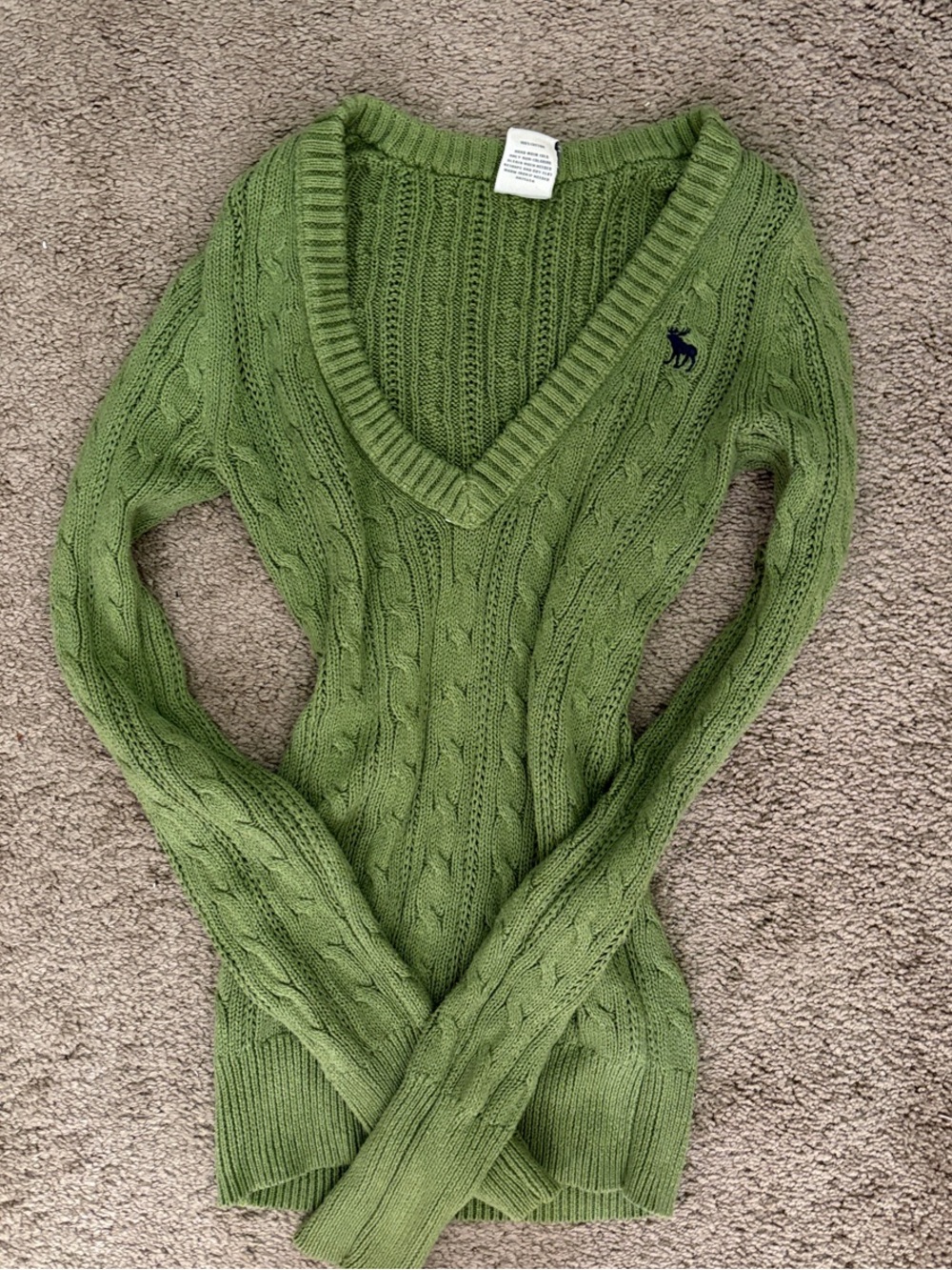 Abercrombie & Fitch Olive Green Cable-Knit V-Neck Sweater